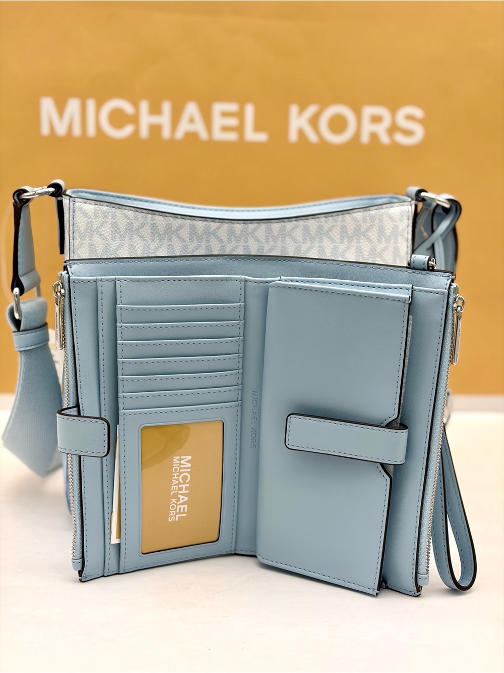 Michael Kors Ombre Blue MK Signature Crossbody with Wristlet Wallet Set - Picture 7 of 11